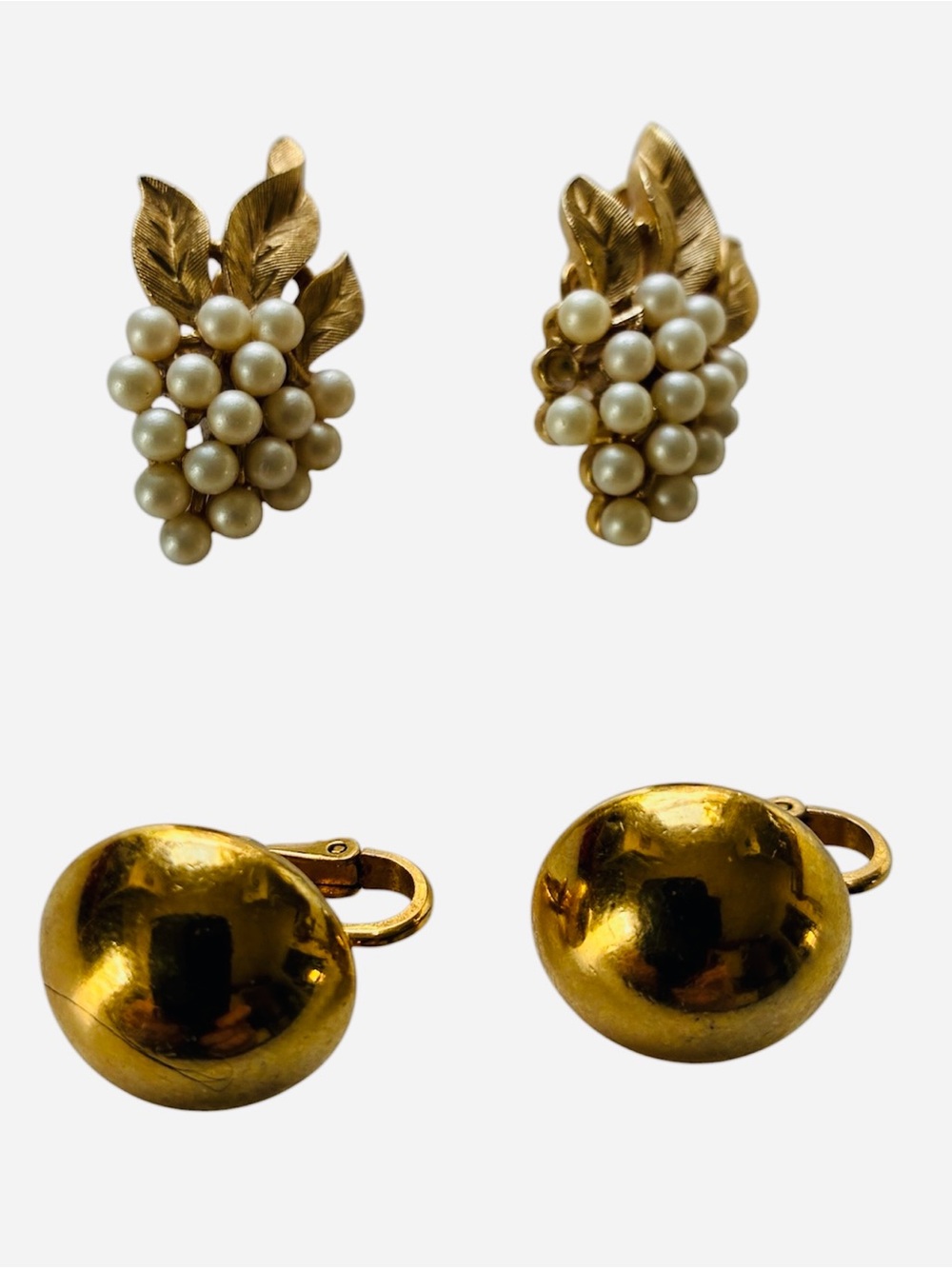 Trifari Gold-Tone Pearl Cluster Leaf Clip-On and Dome Half Ball Earrings
